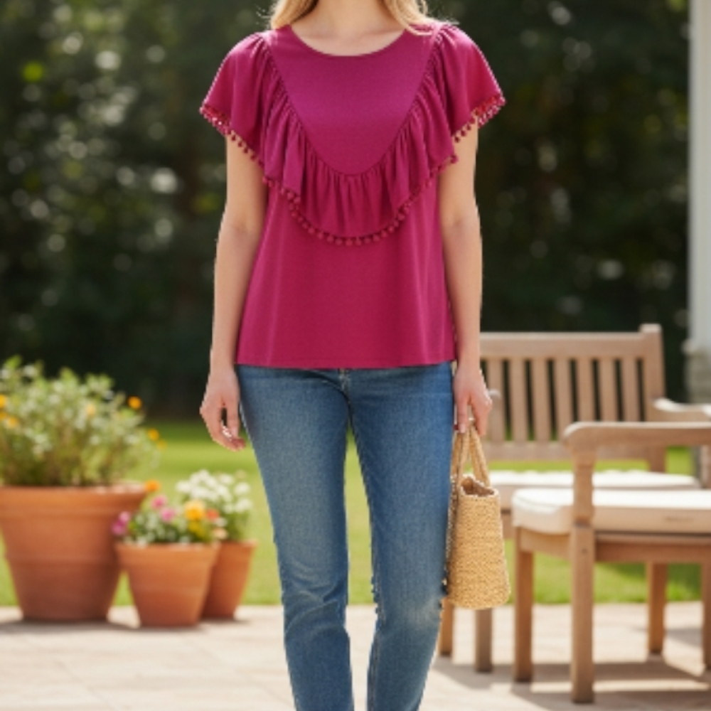🌺 Umgee Fuchsia Sleeveless Blouse w/ Overlay Cap Sleeves & Pom-Pom Trim 🌺